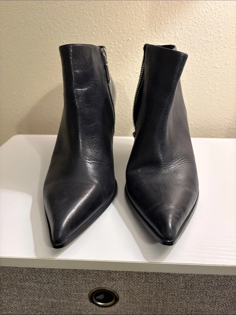 Calvin Klein Black Leather Pointed Ankle Booties with Side Zip